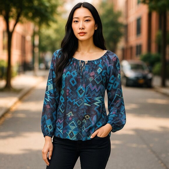 Chicos 100% Silk Blue Geometric Sheer Peasant Blouse Womens Size M 1 Tie Neck - Picture 1 of 11